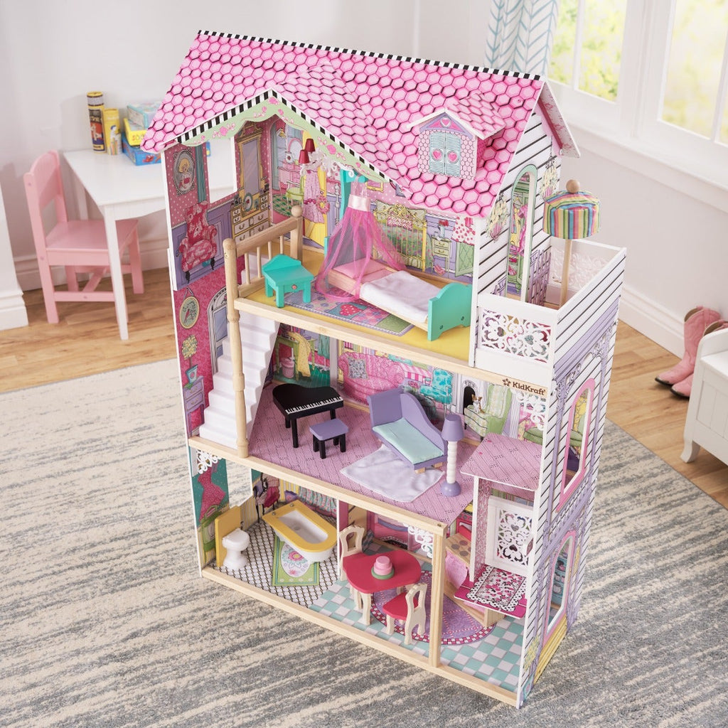 Wooden Dollhouse with Elevator and Canopy