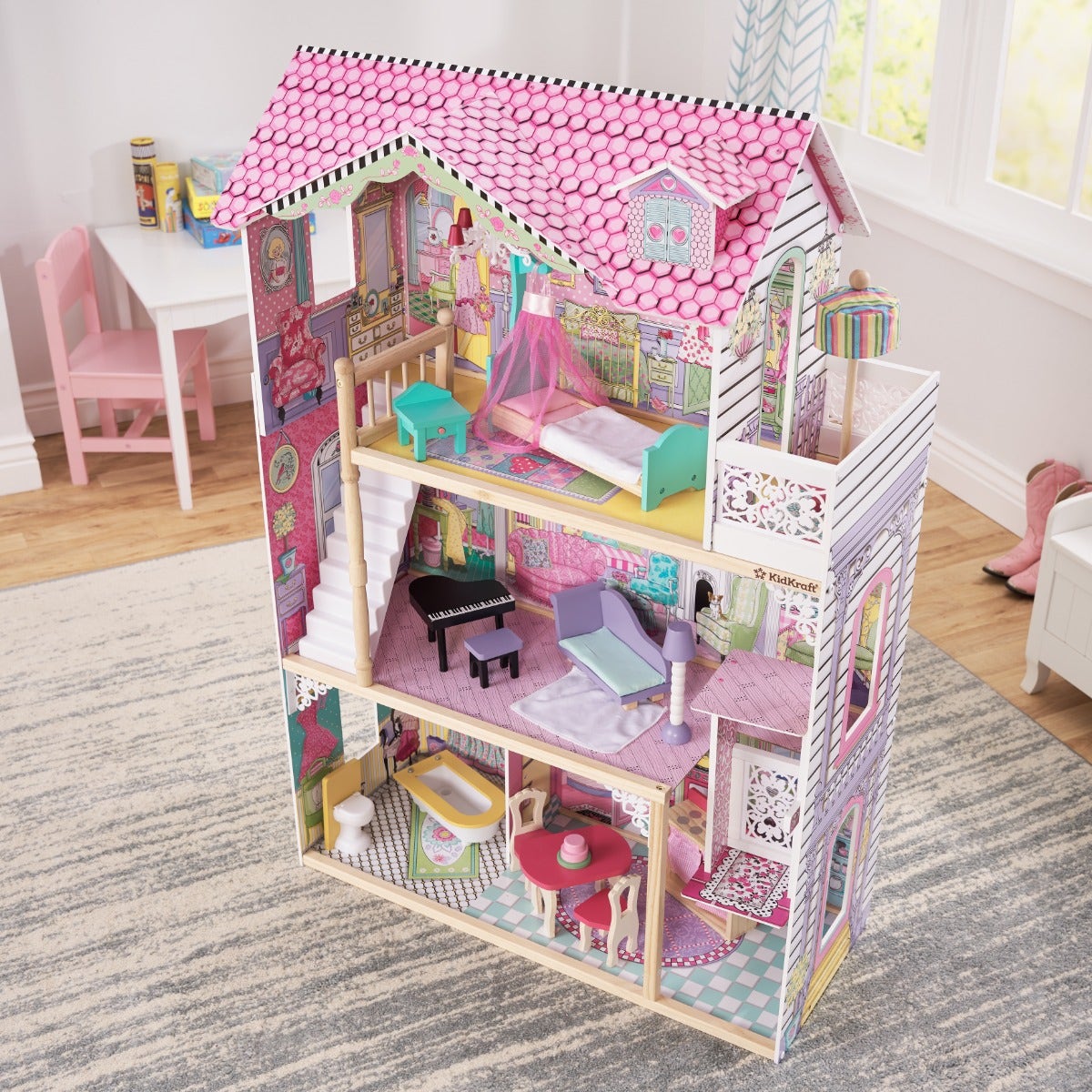 Wooden Dollhouse with Elevator and Canopy