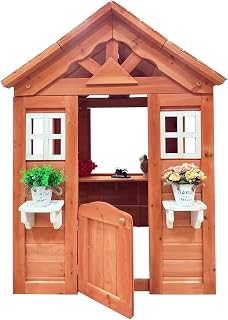 Wooden Outdoor Playhouse with Flower Boxes and Windows - Red