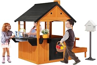Wooden Outdoor Playhouse with Picnic Table, Toy Sink and Flower Boxes - Light Brown
