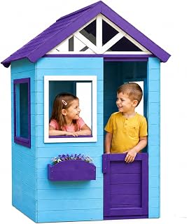 Wooden Outdoor Playhouse with Windows and Door - Blue / Purple