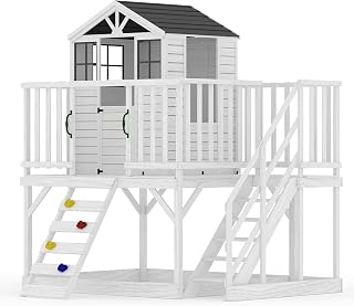 Elevated Cedar Wooden Outdoor Playhouse with Climbing Wall and Ladder