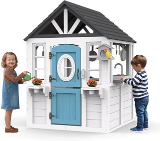 Cedar Wooden Outdoor Playhouse with Play Kitchen, Doorbell and Toy Sink