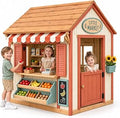 Cedar Wooden Outdoor Playhouse with Play Kitchen, Chalkboard and Flower Boxes - Brick Red
