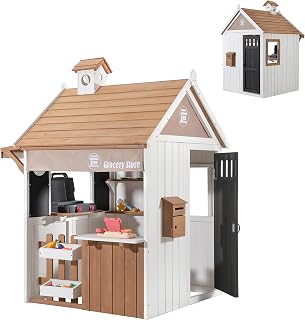 Cedar Wooden Outdoor Playhouse with Mailbox and Toy Grill