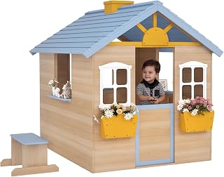 Wooden Playhouse with Bench and Door - Blue