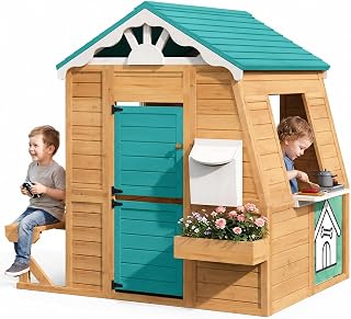 Wooden Outdoor Playhouse with Chalkboard, Bench and Mailbox