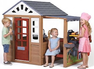 Cedar Wooden Outdoor Playhouse with Play Kitchen, Picnic Table and Doorbell - Brown