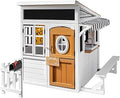 Cedar Wooden Outdoor Playhouse with Play Kitchen, Doorbell and Chalkboard