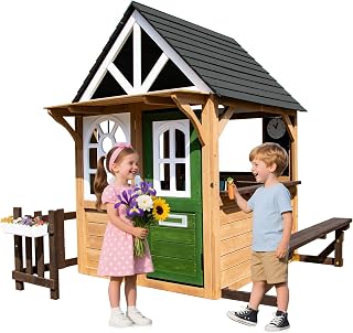 Fir Wood Outdoor Playhouse with Doorbell, Chalkboard and Pet Door - Brown