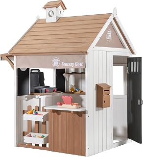 Cedar Wooden Outdoor Playhouse with Chalkboard, Mailbox and Toy Grill