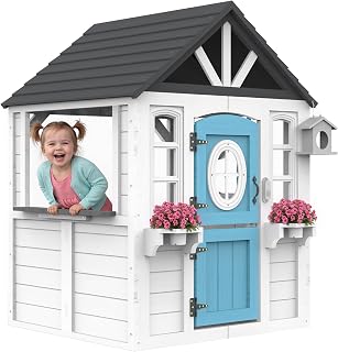 Wooden Outdoor Playhouse with Doorbell, Toy Sink and Pet Door - White