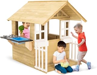 Wooden Outdoor Playhouse with Play Kitchen, Toy Sink and Windows