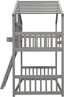 Twin Over Twin House Bunk Bed with Ladder, Windows and Door - Gray