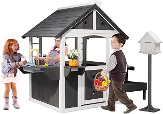 Wooden Outdoor Playhouse with Picnic Table, Toy Sink and Flower Boxes - White / Gray