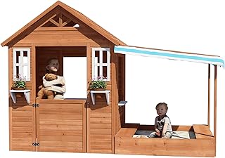 Wooden Outdoor Playhouse with Sandbox - Brown
