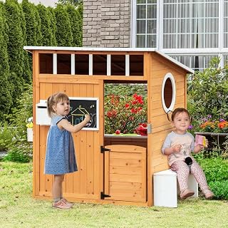 Wooden Outdoor Playhouse with Windows and Door
