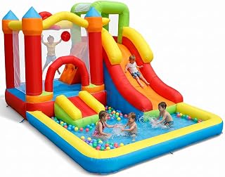 7-in-1 Inflatable Bounce House with Slide, Climbing Wall and Ball Pit