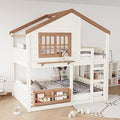 Twin Size House Bunk Bed with Ladder and Guardrails - Beige / Natural