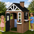 Wooden Outdoor Playhouse with Play Kitchen, Doorbell and Chalkboard - Brown