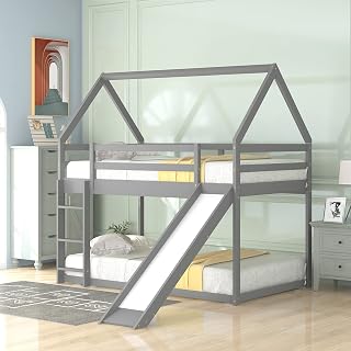 Twin Over Twin House Bunk Bed with Slide and Ladder