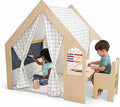 Kids Cottage Playhouse with Chalkboard, Desk and Curtains