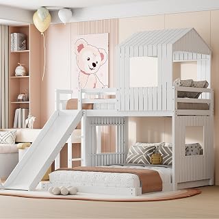 Twin Over Full House Bunk Bed with Slide, Ladder and Windows - White