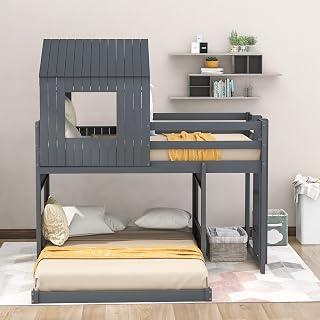 Twin Over Full House Bunk Bed with Ladder and Guardrails - Gray