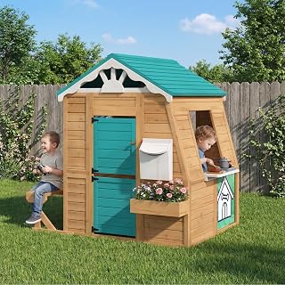 Wooden Playhouse with Chalkboard, Toy Sink and Half Door