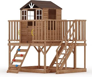 Elevated Cedar Wooden Outdoor Playhouse with Climbing Wall and Ladder
