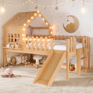 Twin Size House Loft Bed with Slide, Windows and Lights - Natural