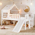 Twin Size House Loft Bed with Slide, Windows and Lights - White