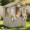 Cedar Wooden Outdoor Playhouse with Play Kitchen, Half Door and Flower Boxes - Gray