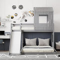 Twin Over Full House Bunk Bed with Slide and Windows - Gray