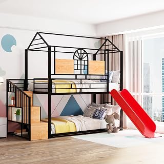 Twin Over Twin House Bunk Bed with Slide, Storage and Guardrails - Black / Red