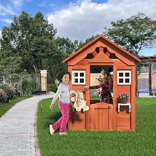 Wooden Playhouse with Flower Boxes and Windows - Red