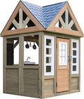 Wooden Outdoor Playhouse with Play Kitchen, Doorbell and Chalkboard