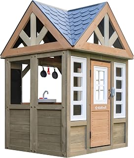 Wooden Outdoor Playhouse with Play Kitchen, Doorbell and Chalkboard