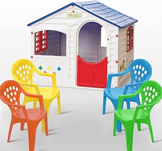 Kids Plastic Playhouse with Windows, Door and Chairs