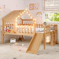 Full Size House Loft Bed with Slide, Windows and Lights - Natural
