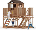 Elevated Cedar Wooden Outdoor Playhouse with Climbing Wall, Sandbox and Ladder