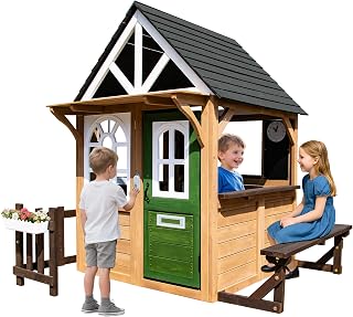 Cedar Wooden Outdoor Playhouse with Doorbell, Toy Sink and Windows - Gray / Brown