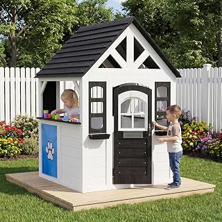 Wooden Outdoor Playhouse with Doorbell, Chalkboard and Pet Door - White