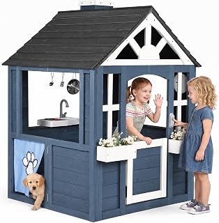 Cedar Wooden Outdoor Playhouse with Play Kitchen, Doorbell and Toy Sink