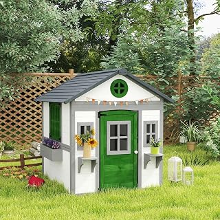Fir Wood Outdoor Playhouse with Flower Boxes and Windows