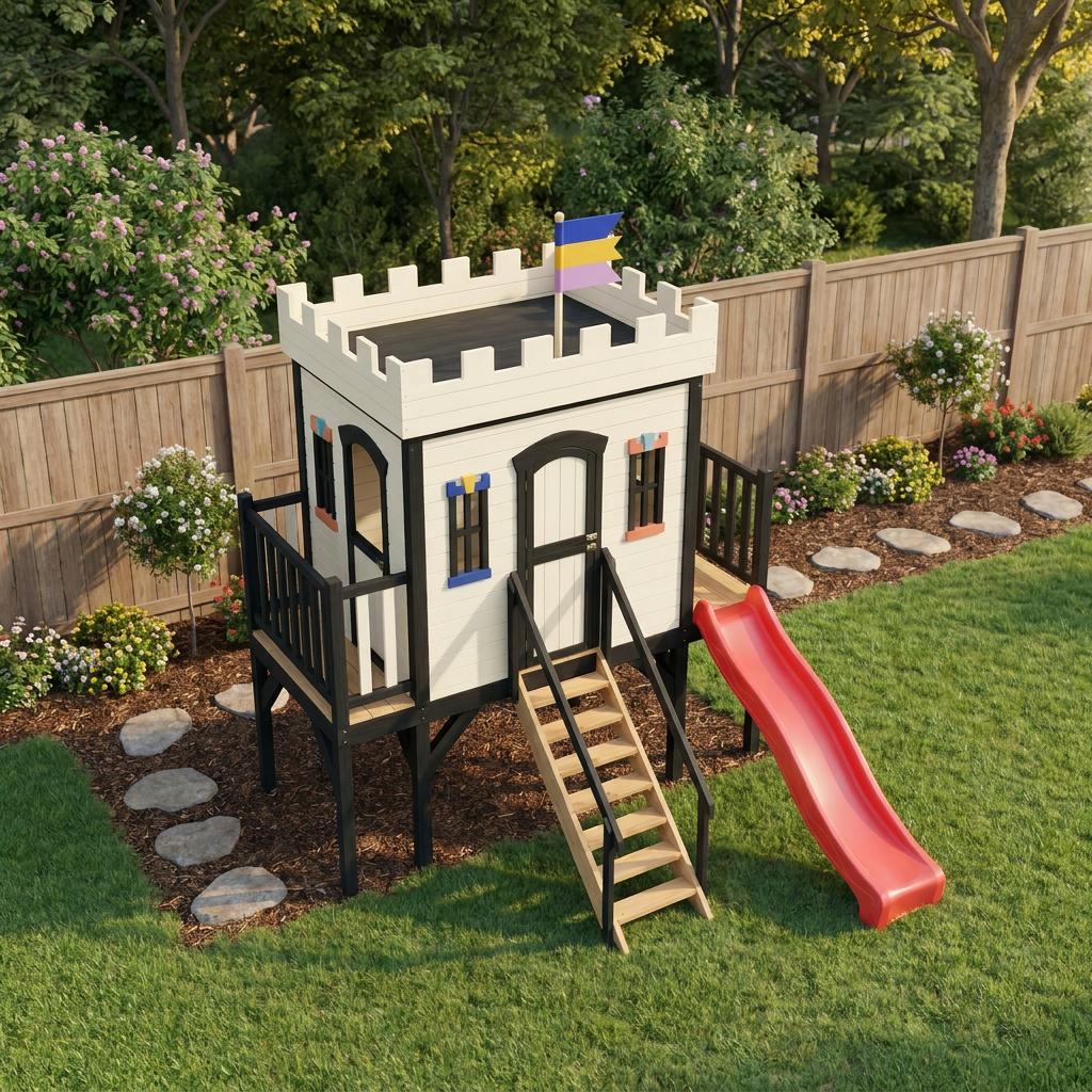 Backyard Castle Playhouse with Slide and Elevated Deck