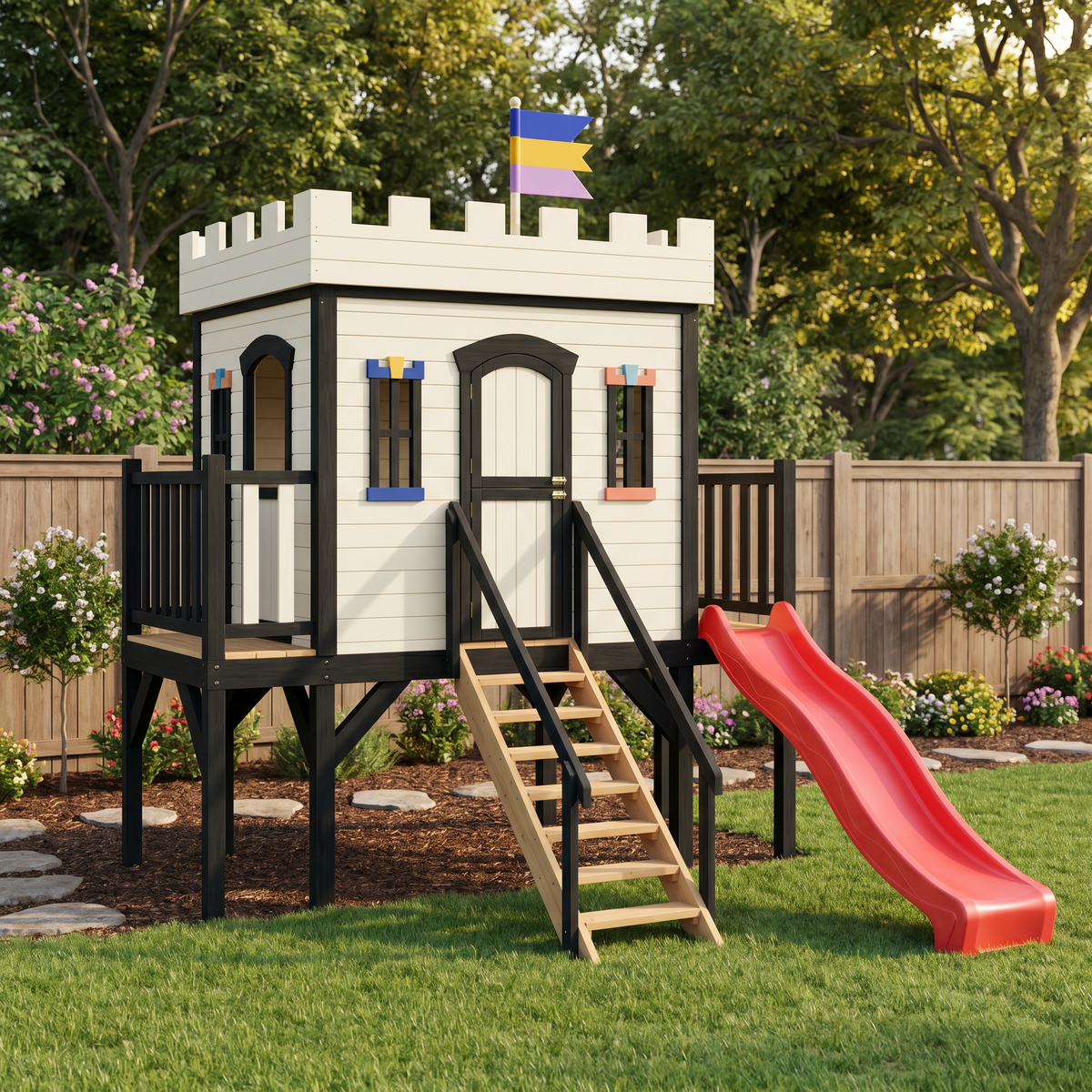 Backyard Castle Playhouse with Slide and Elevated Deck