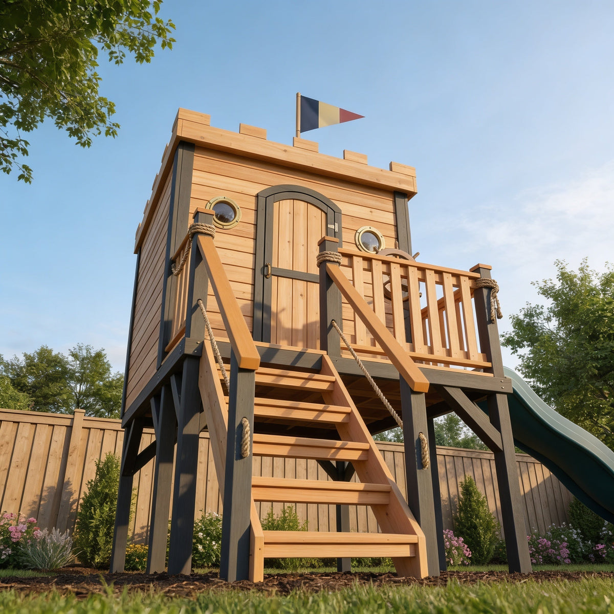 Ship-Themed Kids Playhouse with Green Slide