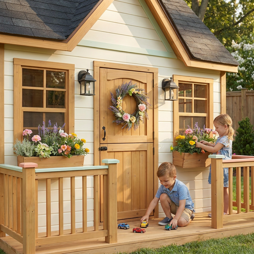 Wooden Garden Cottage Playhouse with Front Porch