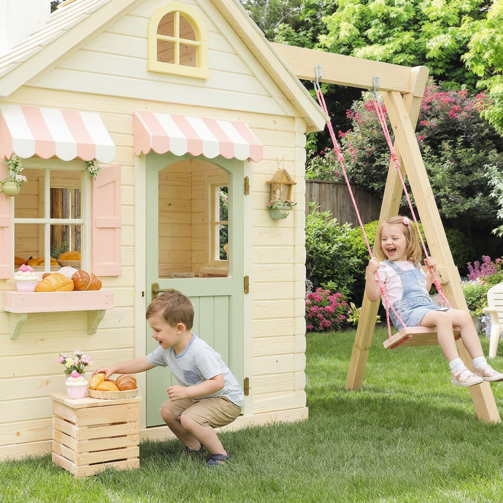 Bakery-Themed Playhouse with Outdoor Swing Set